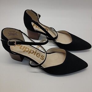 HUSH PUPPIES Sofie Cross Strap Black Suede Leather Womens Sz 9 Mid Block Heels